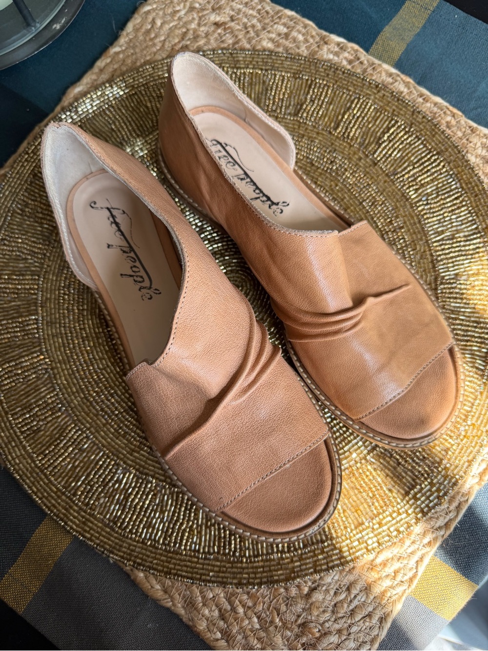 Free People Tan Leather Peep Toe Flats Size 37 Made in Italy